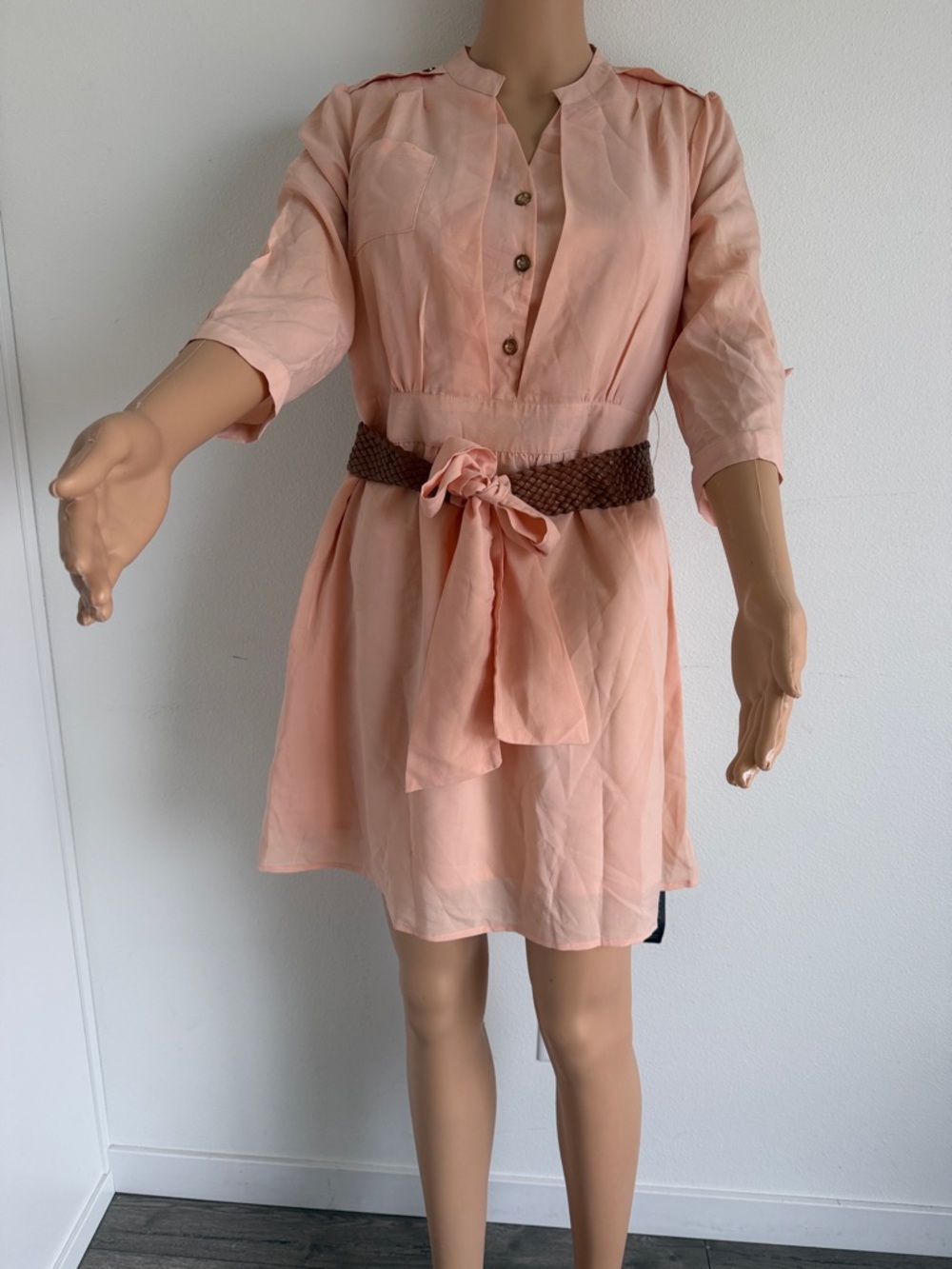 Girls Peach Shirt Dress with Waist Tie